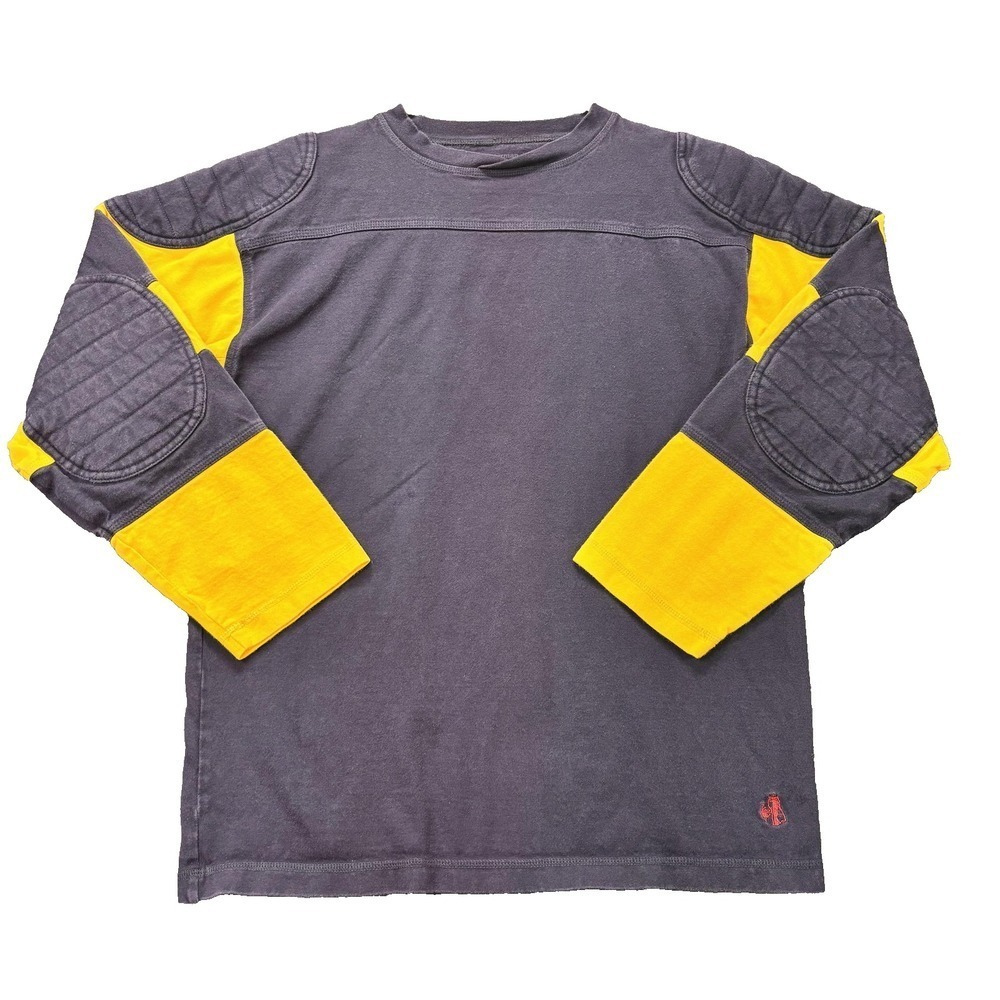 J Peterman Rugby Shirt Mens Small Blue Yellow Padded Striped Long Sleeve